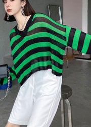 Boho Green Striped V NeckKnit fabric Shirt Summer - SooLinen