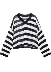 Boho Green Striped V NeckKnit fabric Shirt Summer - SooLinen