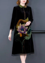 Boho Green Tasseled Lotus Print Silk Velour Dress Bracelet Sleeve