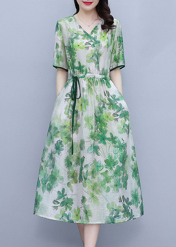 Boho Green V Neck Drawstring Print Silk Cinch Dresses Short Sleeve