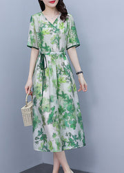 Boho Green V-Ausschnitt Drawstring Print Silk Cinch Kleider Kurzarm