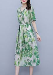 Boho Green V Neck Drawstring Print Silk Cinch Dresses Short Sleeve