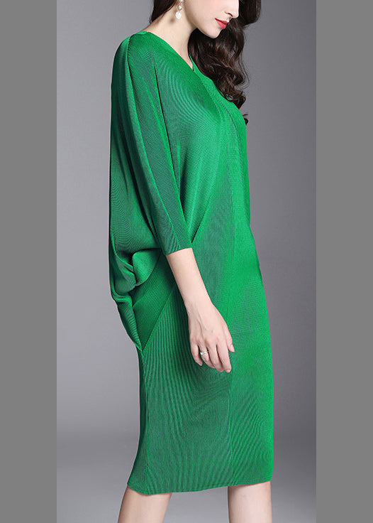 Boho Green V-Neck Wrinkled Hip Dress Half Sleeve