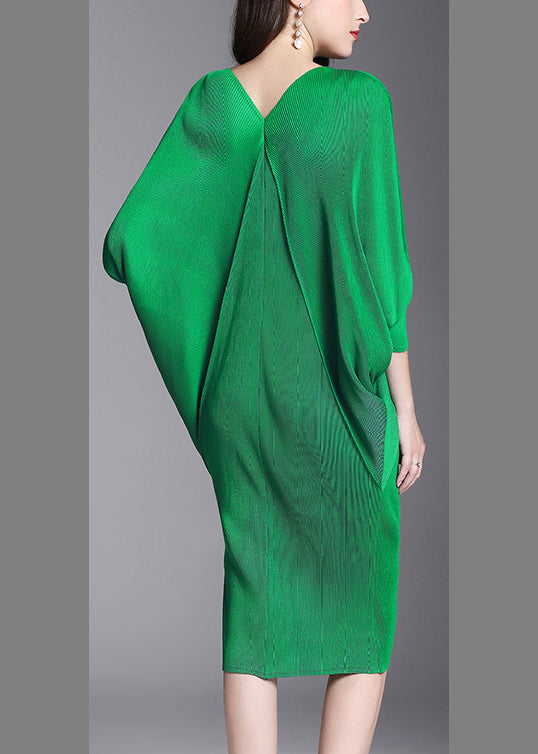 Boho Green V-Neck Wrinkled Hip Dress Half Sleeve