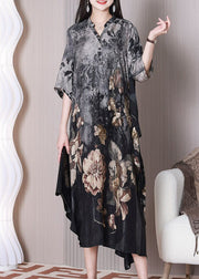 Boho Grey Asymmetrical Design Print Silk Dresses Half Sleeve