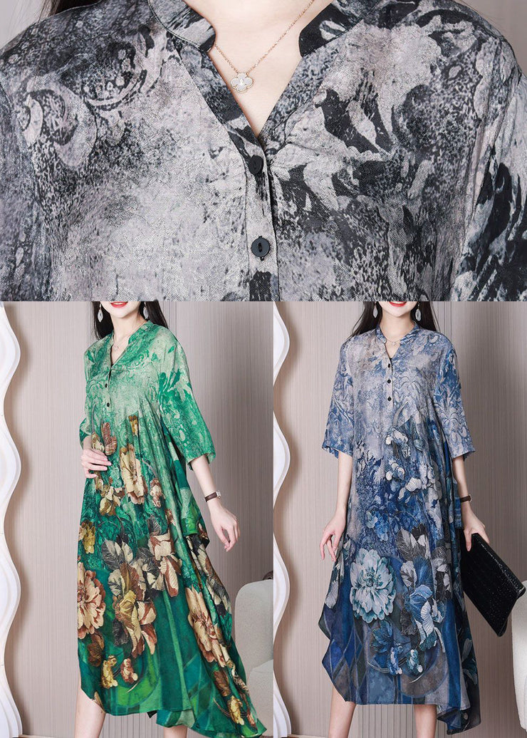 Boho Grey Asymmetrical Design Print Silk Dresses Half Sleeve