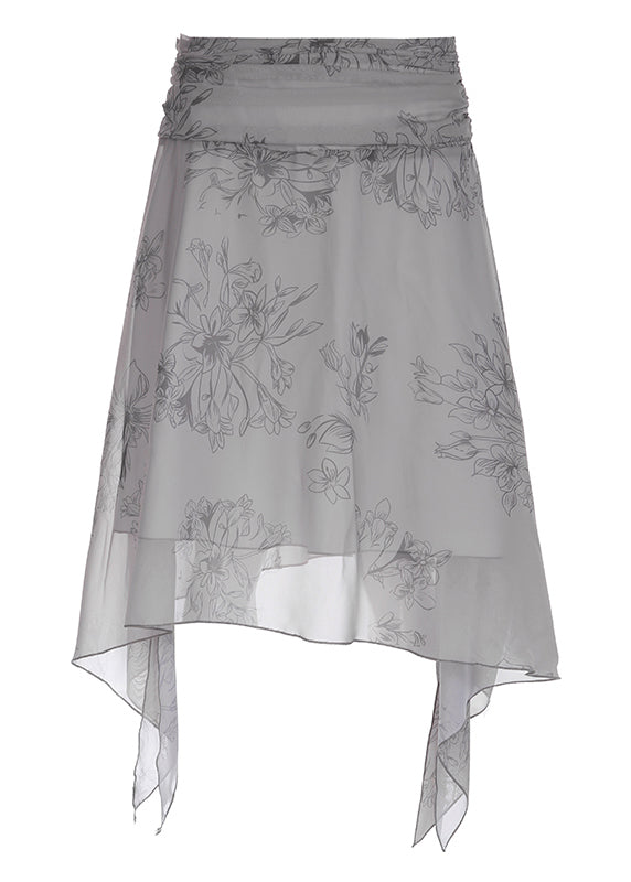 Boho Grey Asymmetrical Print Patchwork Chiffon Skirt Summer