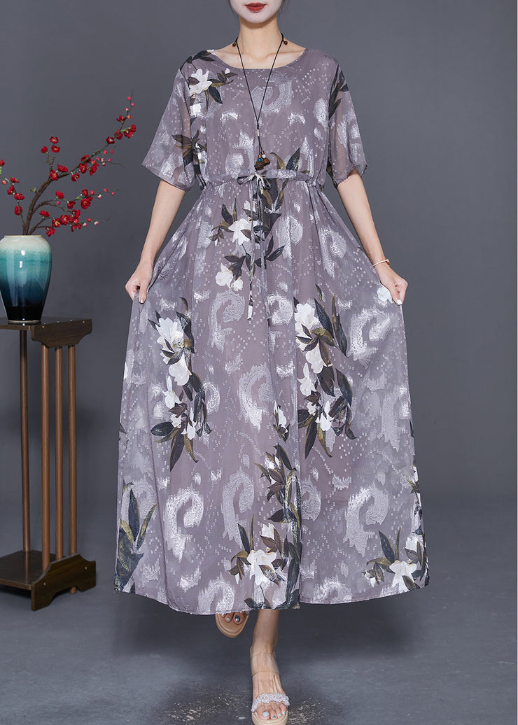 Boho Grey Cinched Print Chiffon Long Dresses Summer