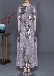 Boho Grey Cinched Print Chiffon Long Dresses Summer