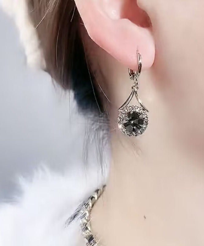 Boho Grey Metal Zircon Round Drop Earrings