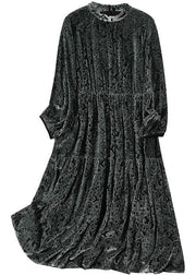 Boho Grey O-Neck Patchwork Print Silk Velour Maxi Dress Spring
