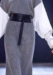 Boho Grey O-Neck Patchwork Tie Waist Cotton Knit Sweater Dress Long Sleeve