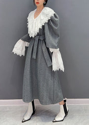 Boho Grey Oversized Woolen Cinch Dress Two Pieces Set Spring