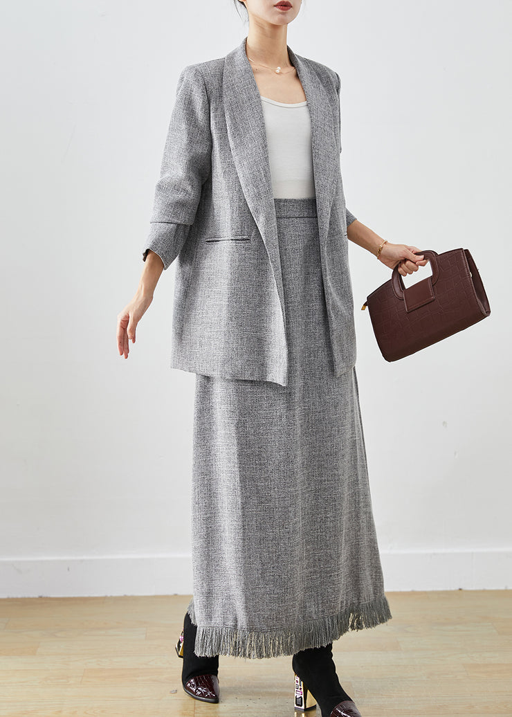 Boho Grey Tasseled Linen Women Sets 2 Pieces Winter