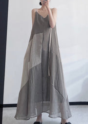 Boho Grey V Neck Asymmetrical Design Patchwork Linen Spaghetti Strap Dress Sleeveless