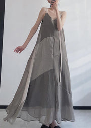 Boho Grey V Neck Asymmetrical Design Patchwork Linen Spaghetti Strap Dress Sleeveless