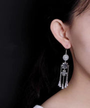 Boho Jade Patchwork Tassel Silver Drop Earrings