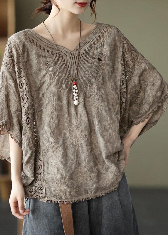 Boho Khaki Cotton V Neck Embroideried Hollow Out Summer Blouses - SooLinen