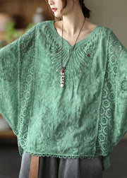 Boho Khaki Cotton V Neck Embroideried Hollow Out Summer Blouses - SooLinen
