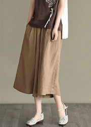 Boho Khaki Elastic Waist Oversized Pockets Linen Wide Leg Crop Pants Summer