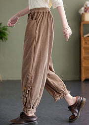 Boho Khaki Embroidered Patchwork Lace Warm Fleece Corduroy Crop Pants Spring