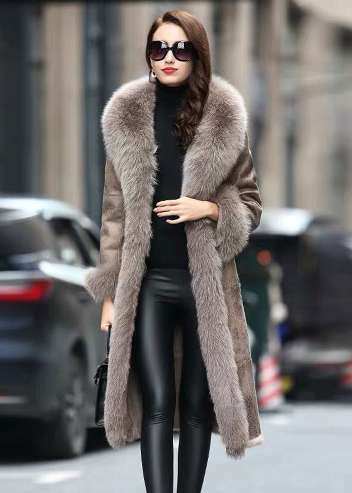 Boho Khaki Fox Collar Cinched Fuzzy Rabbit Leather And Fur Coats Winter
