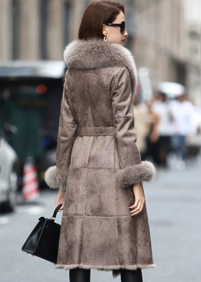 Boho Khaki Fox Collar Cinched Fuzzy Rabbit Leather And Fur Coats Winter