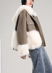 Boho Khaki Hooded Patchwork Faux Leather Coat Winter