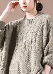 Boho Khaki Loose Cable knit Fall Long Knit Top - SooLinen