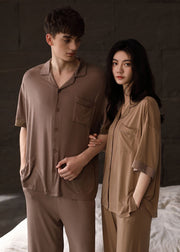Boho Khaki Peter Pan Collar Button Couple Pajamas Two Pieces Set Half Sleeve