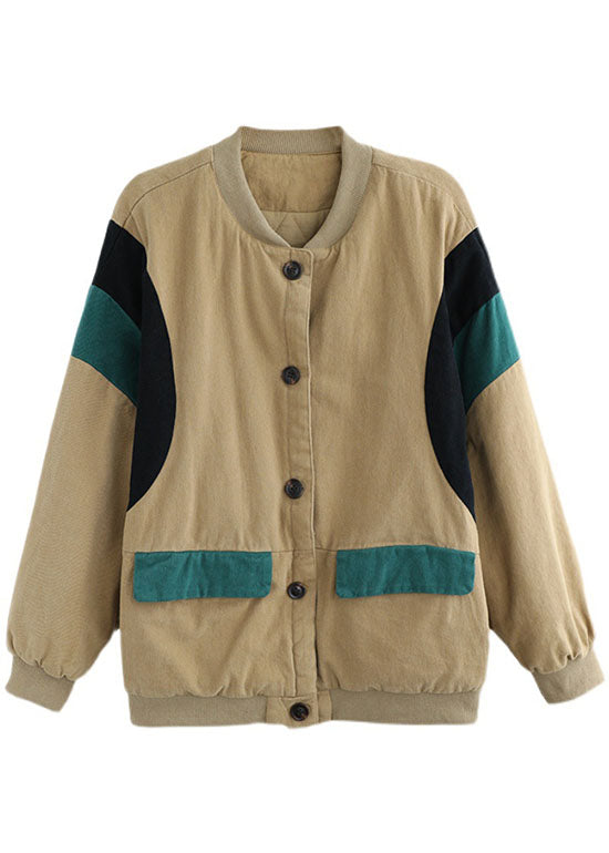 Boho Khaki Pockets Button Patchwork Loose Winter Thick Jacket