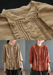 Boho Khaki Ruffled Solid Color Cotton Shirt Tops Spring