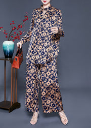 Boho Khaki Stand Collar Print Silk Tops And Pants Two Pieces Set Summer