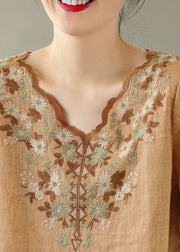 Boho Khaki V Neck Embroidered Patchwork Linen T Shirt Summer