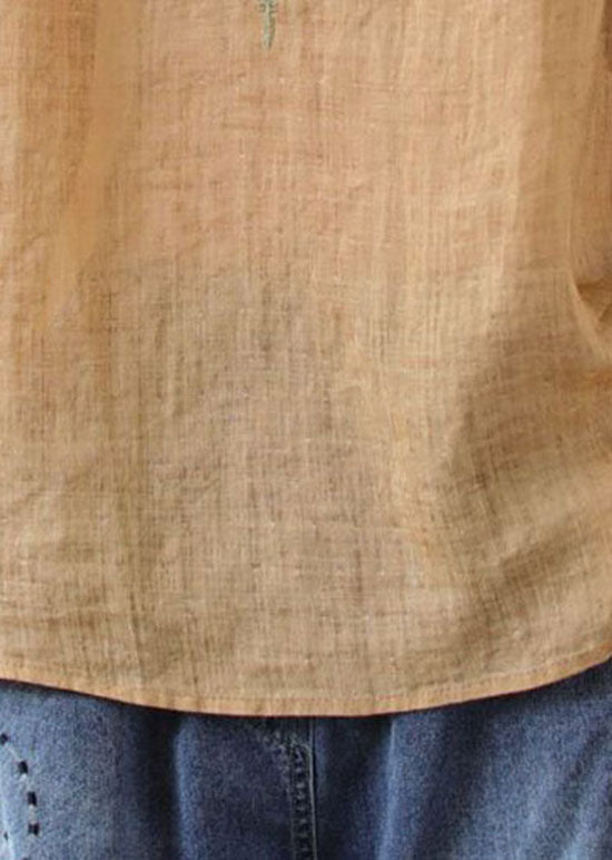 Boho Khaki V Neck Embroidered Patchwork Linen T Shirt Summer