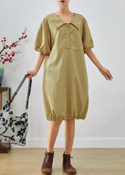 Boho Khaki V Neck Oversized Cotton Mid Dress Lantern Sleeve