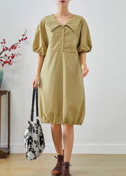 Boho Khaki V Neck Oversized Cotton Mid Dress Lantern Sleeve