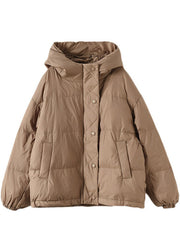 Boho Khaki hooded zippered Pockets Loose Winter Down Coat