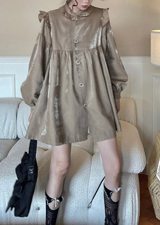 Boho LAight Chocolate Stand Collar Patchwork Ruffled Wrinkled Button Mid Dress Long Sleeve