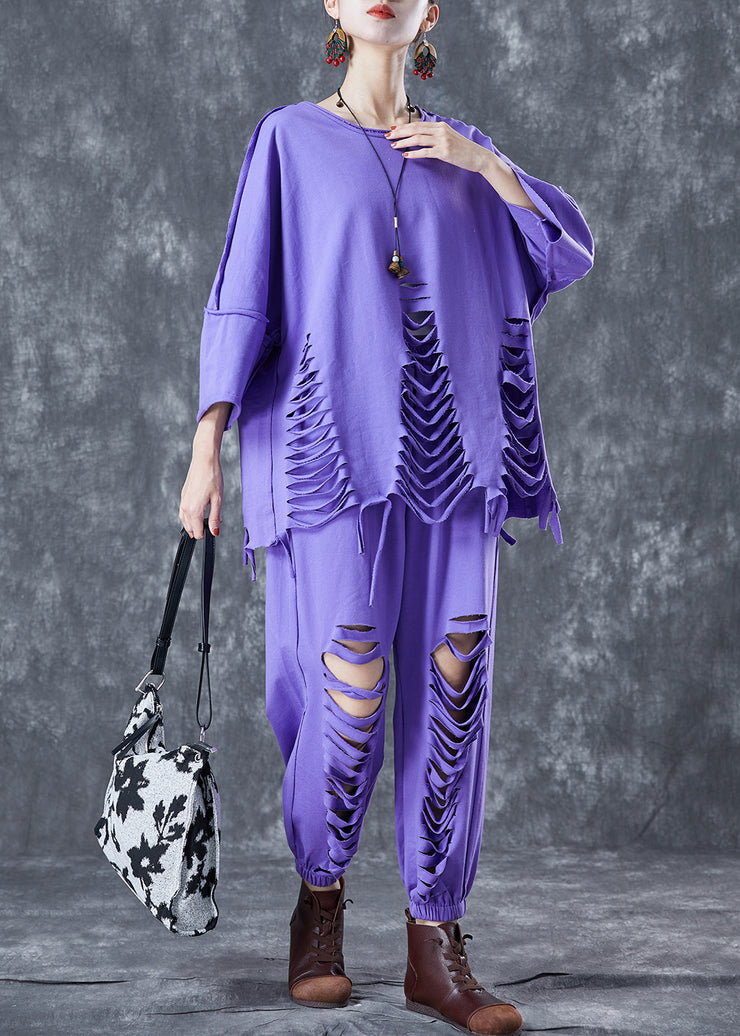 Boho Lavender Oversized Hollow Out Cotton Women Sets 2 Pieces Summer