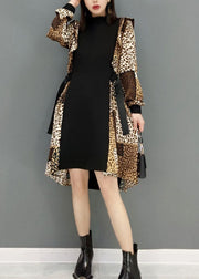 Boho Leopard print tie waist Patchwork Chiffon Dresses Spring