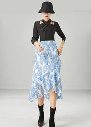 Boho Light Blue Asymmetrical Print Chiffon Skirt Summer