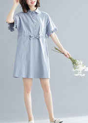 Boho Light Blue Peter Pan Collar Ruffled Mini Summer Cotton Dress - SooLinen