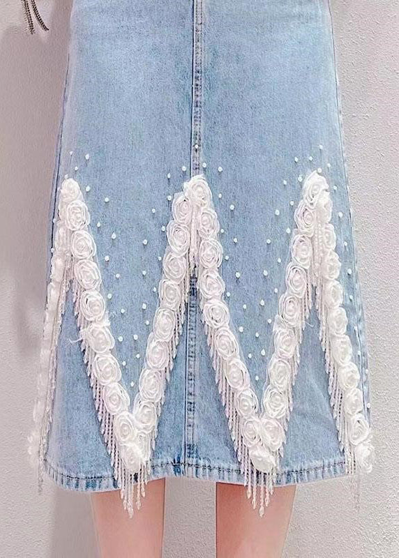 Boho Light Blue Tassel Patchwork High Waist Deninm Skirt Summer