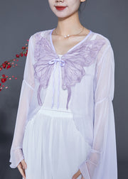 Boho Light Purple Butterfly Embroidered Chiffon Cardigan Flare Sleeve
