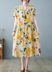 Boho Light Yellow O Neck Pockets Print Patchwork Cotton Dress Summer