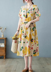 Boho Light Yellow O Neck Pockets Print Patchwork Cotton Dress Summer