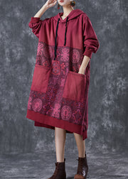 Boho Mulberry Hooded Patchwork Pockets Cotton Sweatshirt Dress Fall