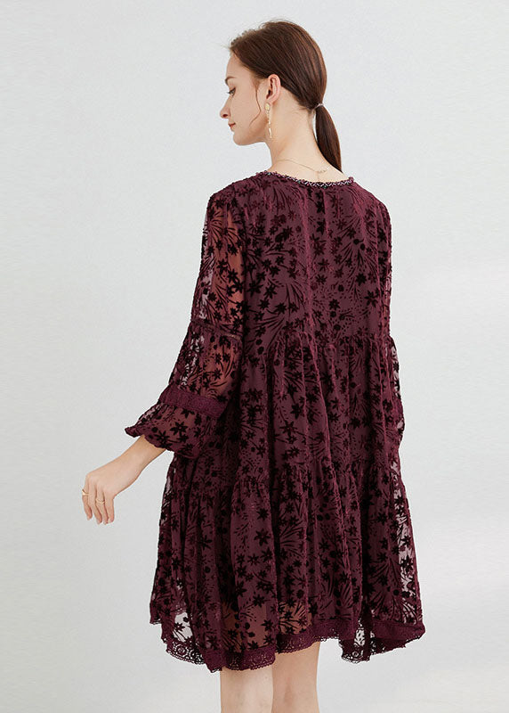 Boho Mulberry O-Neck Lace Up Silk Velour Mid Dress Long Sleeve