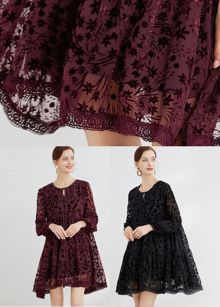 Boho Mulberry O-Neck Lace Up Silk Velour Mid Dress Long Sleeve